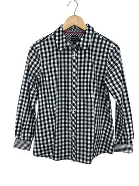 Talbots Non Iron Black White Gingham Button Down Shirt with Pink Thread Accents